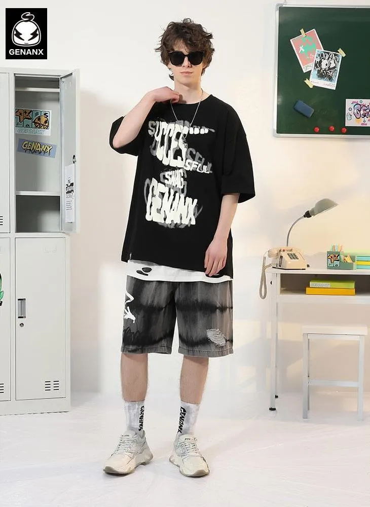 Letter Graffiti Print Round Neck Cotton T-Shirt