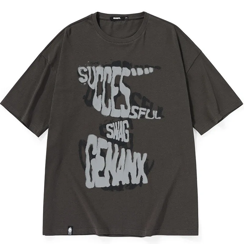 Letter Graffiti Print Round Neck Cotton T-Shirt