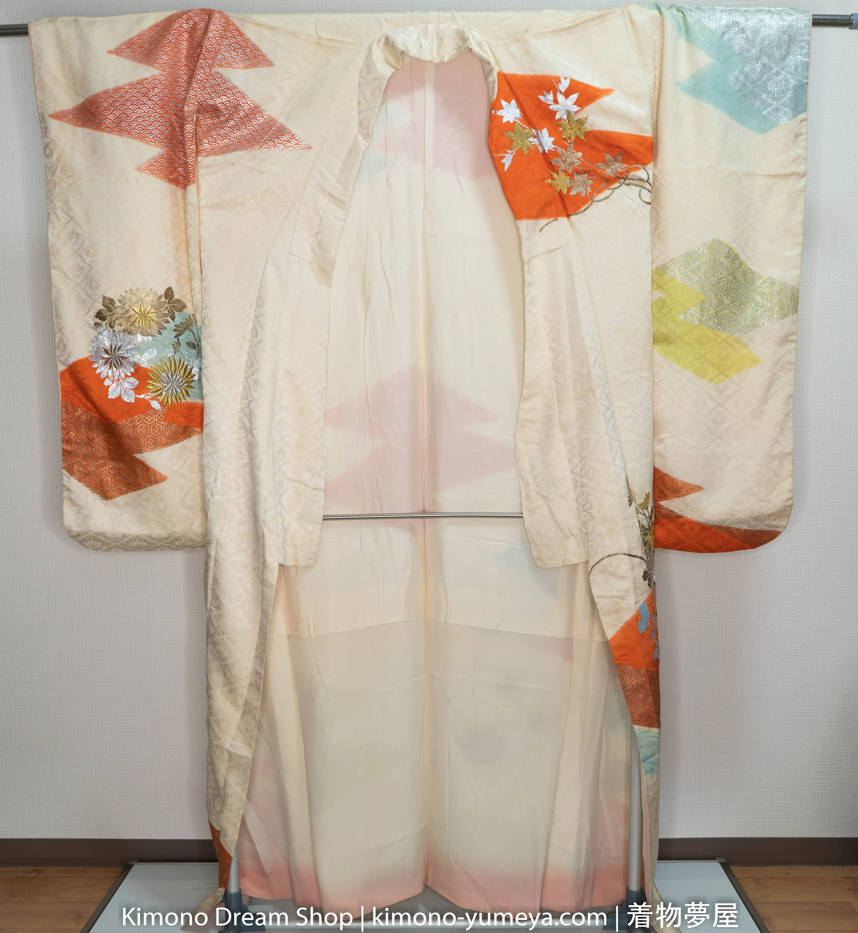 Light Beige Furisode - Flowers Autumn Light Baby Blue Red Shiny Silver Tortoise Shell Kikko Patterns