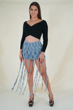 Light Blue Fringe Denim Skirt
