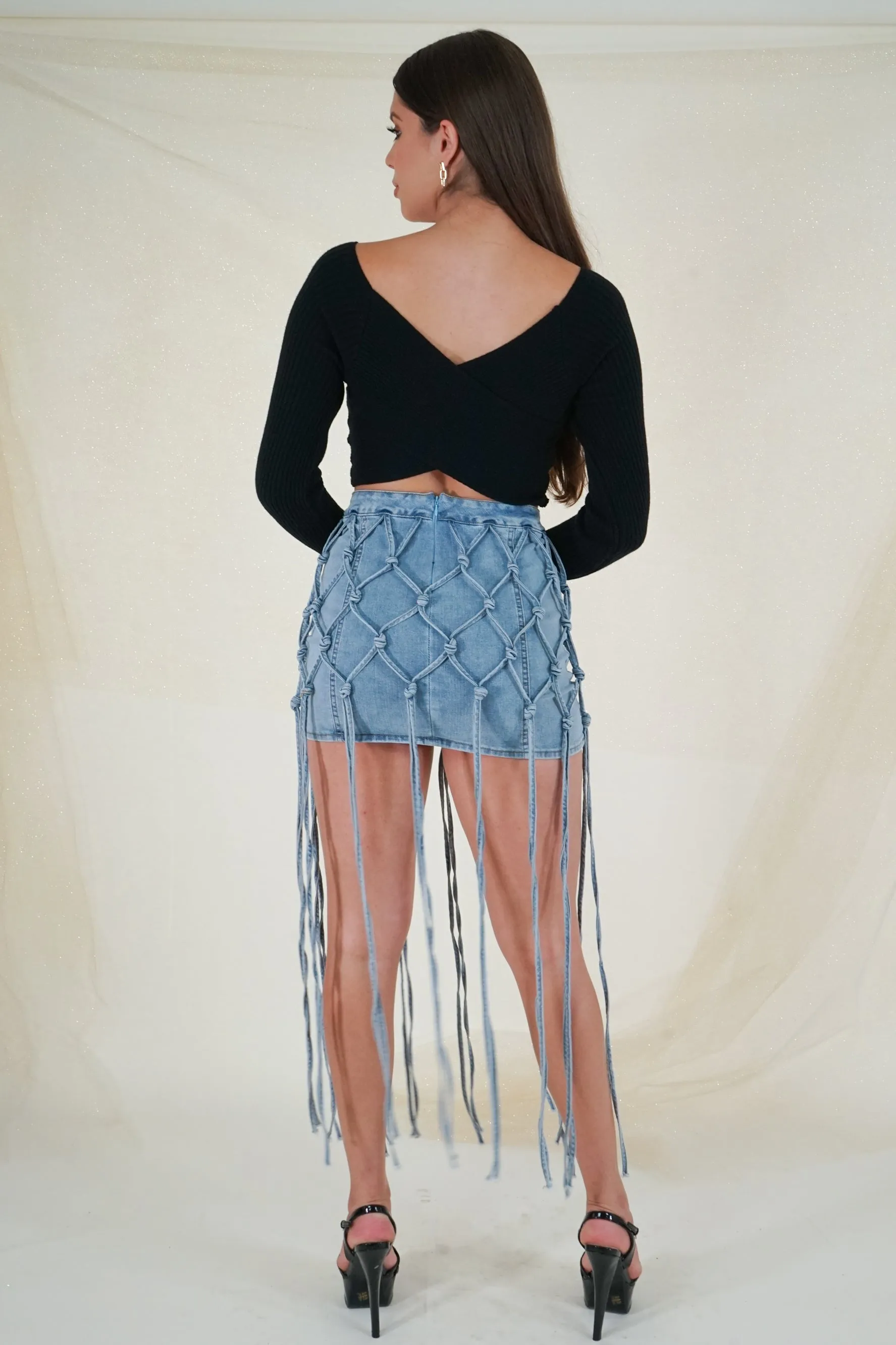Light Blue Fringe Denim Skirt