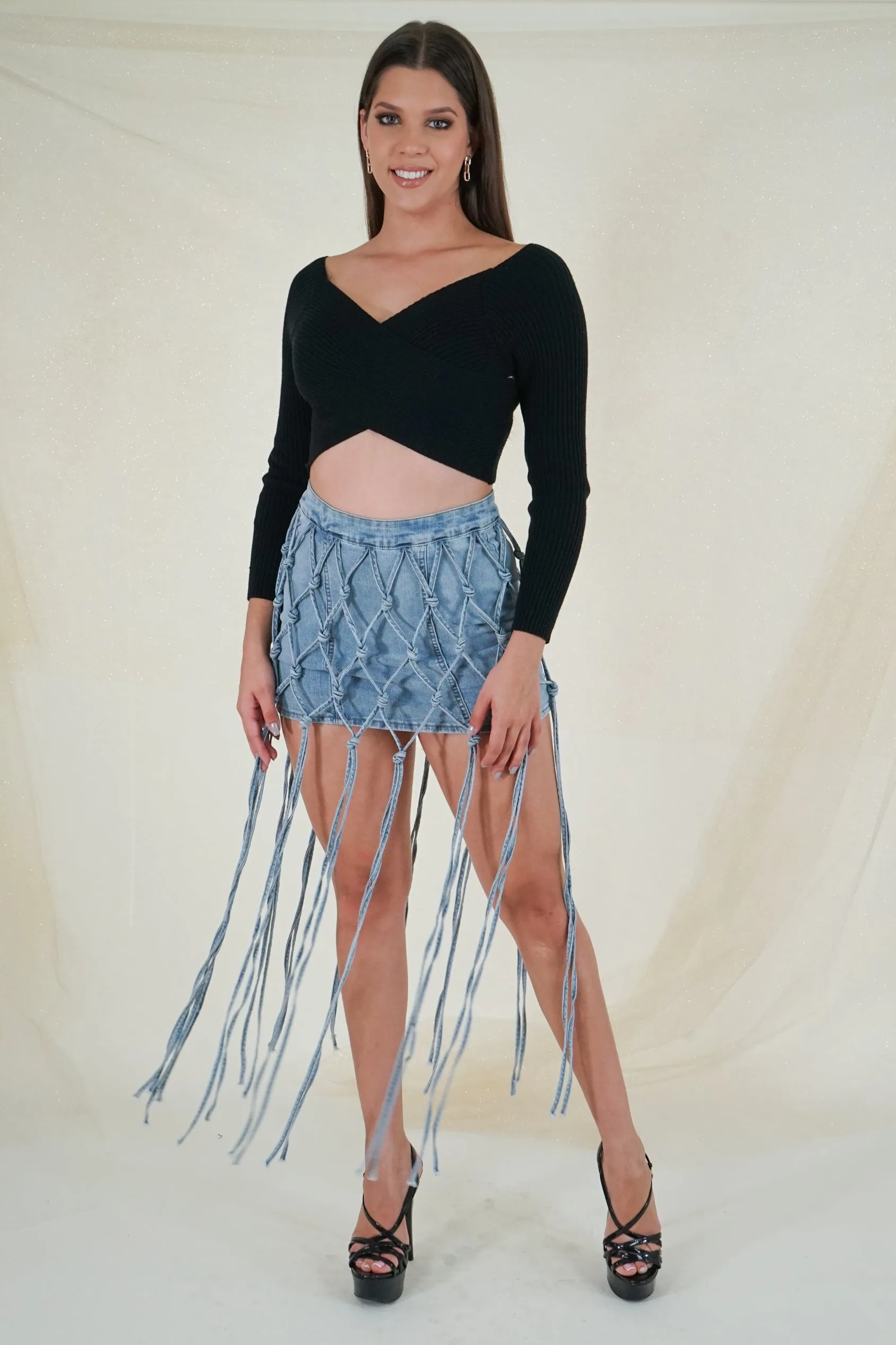 Light Blue Fringe Denim Skirt
