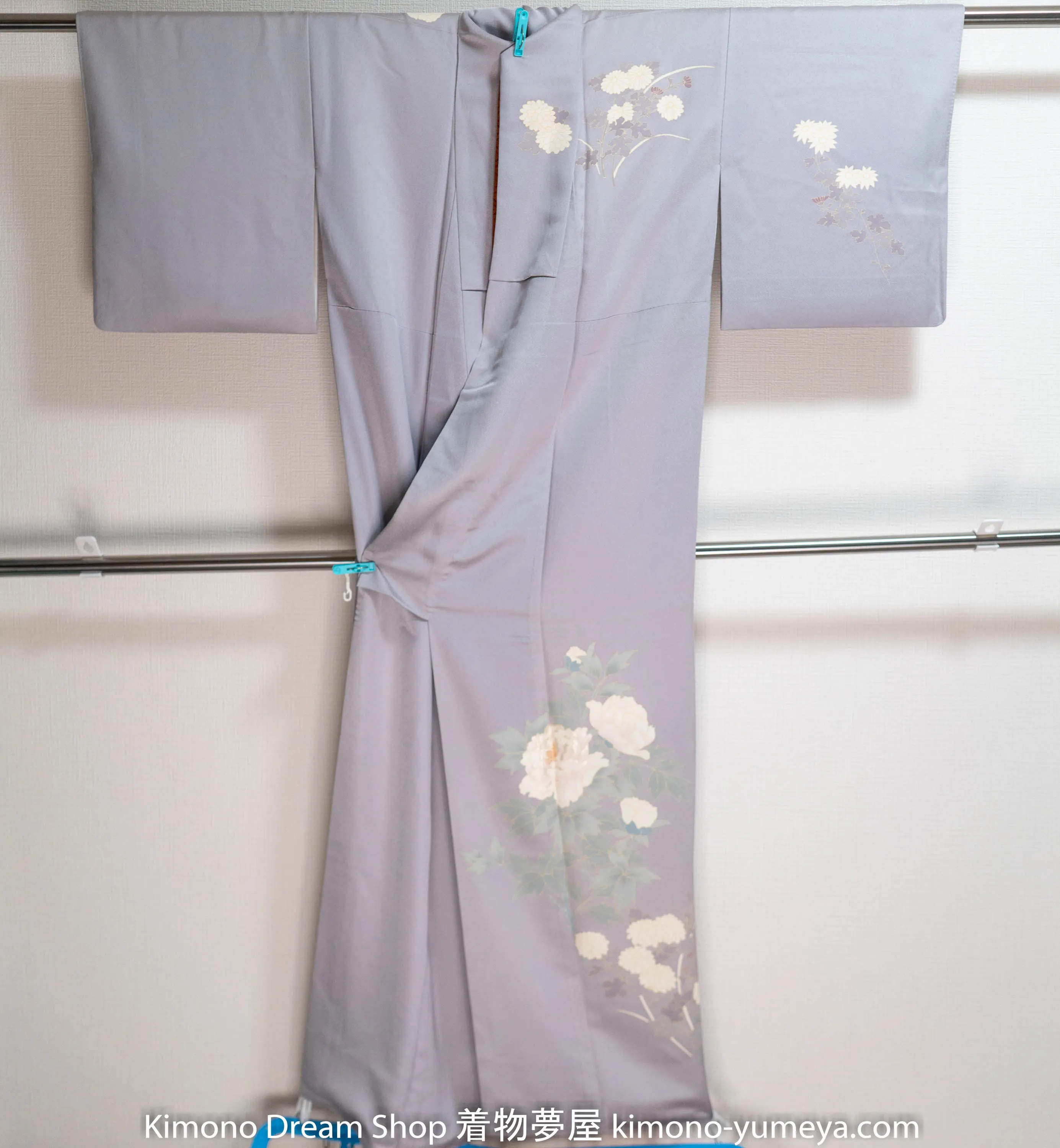 Light Blue Silver Houmongi - Vintage Silk Formal Japanese Kimono Delicately Crafted Flowers Peonies