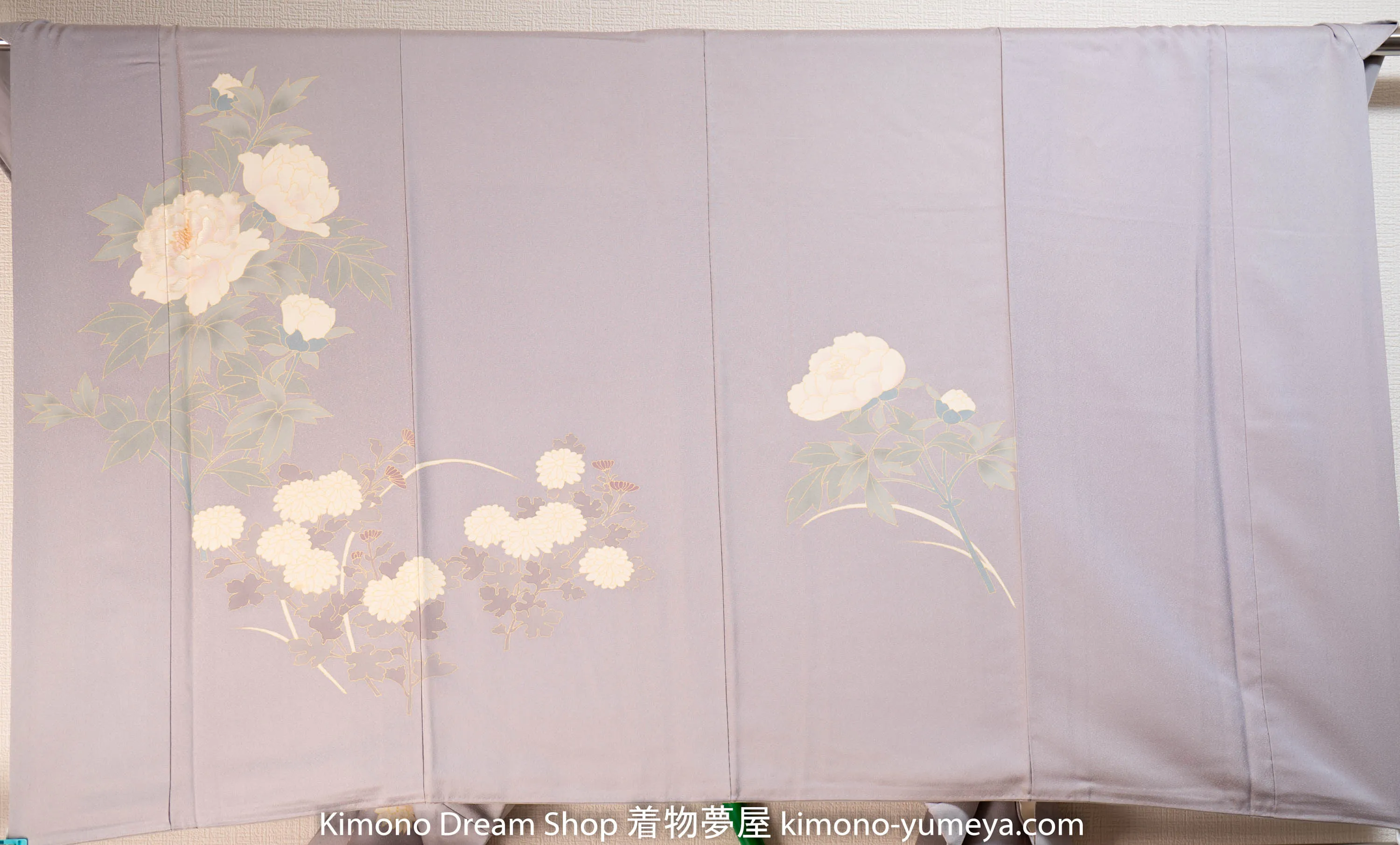 Light Blue Silver Houmongi - Vintage Silk Formal Japanese Kimono Delicately Crafted Flowers Peonies