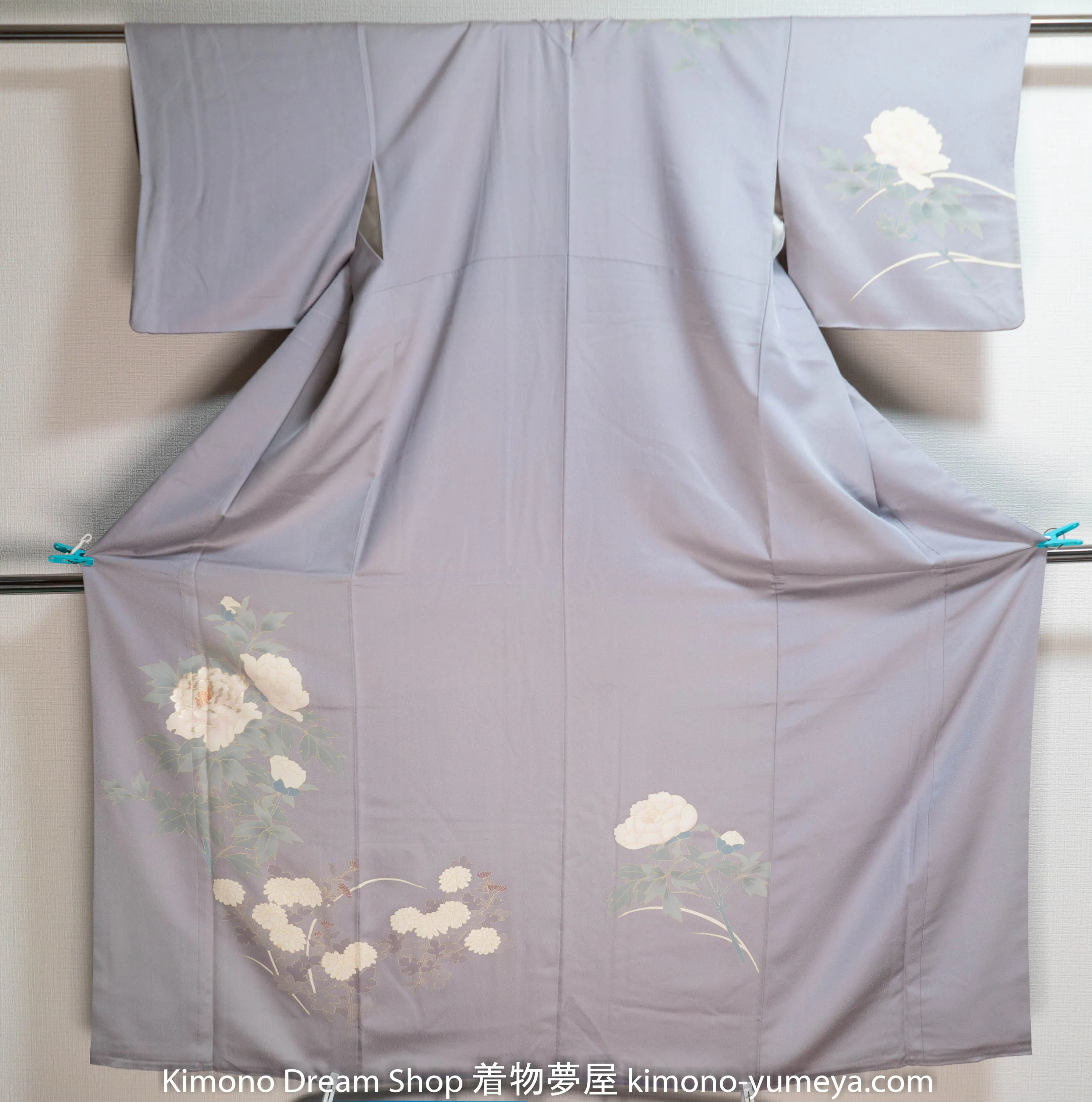 Light Blue Silver Houmongi - Vintage Silk Formal Japanese Kimono Delicately Crafted Flowers Peonies