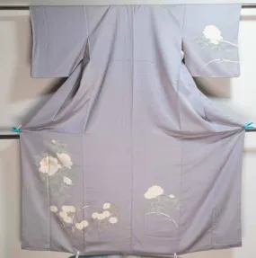 Light Blue Silver Houmongi - Vintage Silk Formal Japanese Kimono Delicately Crafted Flowers Peonies