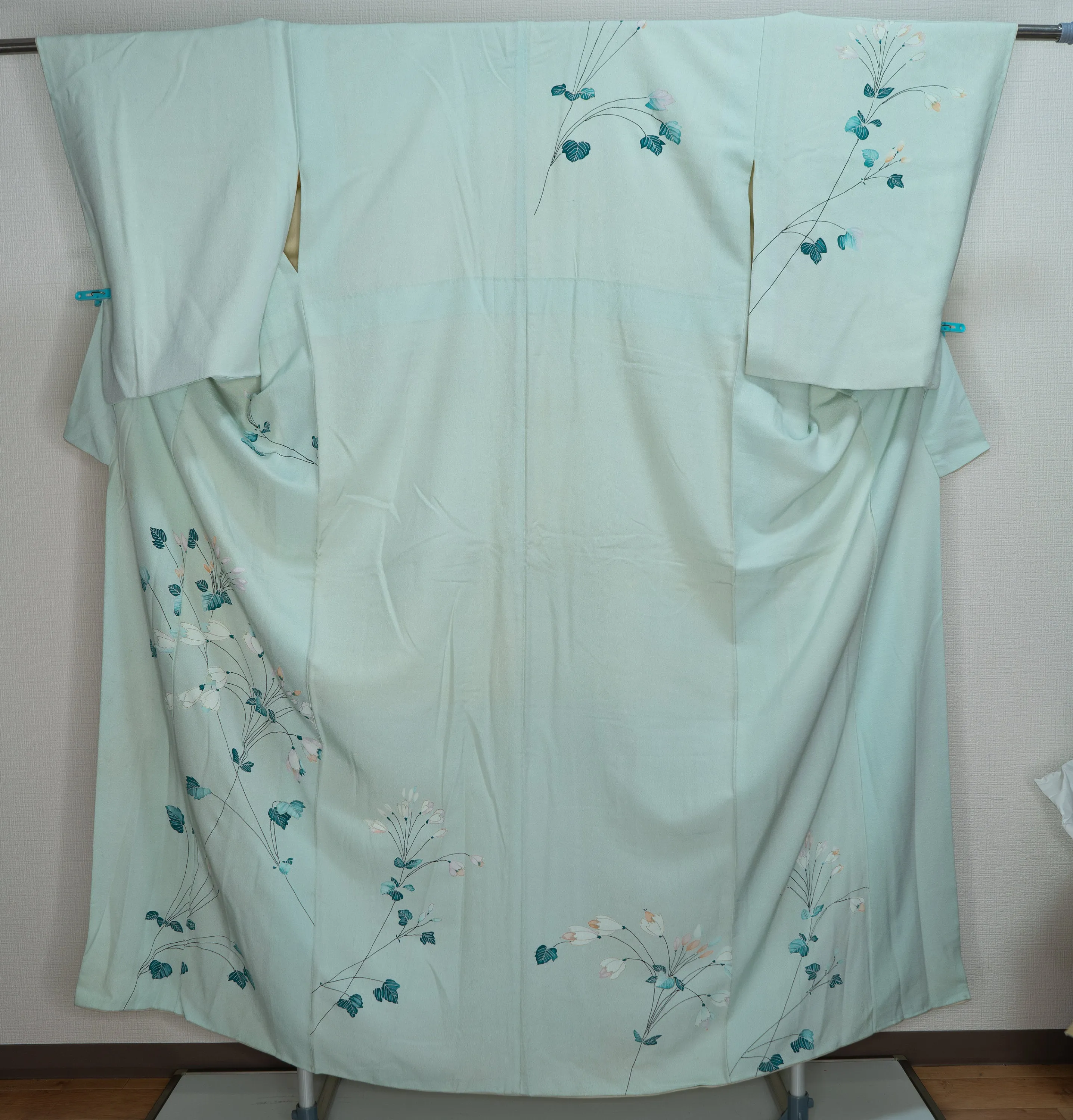 Light Teal Homongi - Unused Silk Formal Women's Kimono - Handpainted Flowers Houmongi Blooming