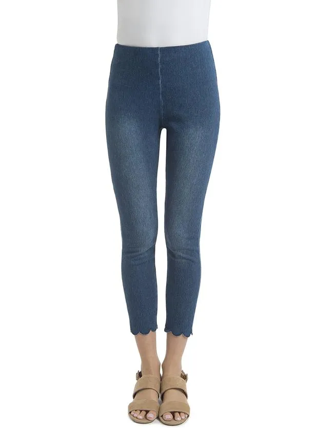 Lysse Denim Scallop Edge Capri Leggings in Medium Wash