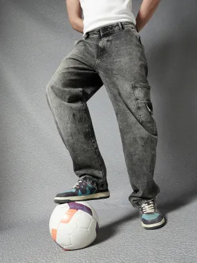 Men Premium Cototn Stretch Loose Fit Black Stylised Pocket Denim Cargo