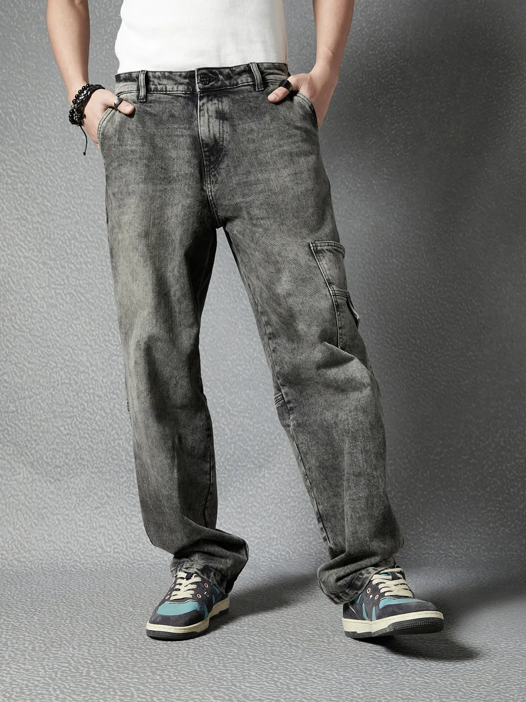 Men Premium Cototn Stretch Loose Fit Black Stylised Pocket Denim Cargo