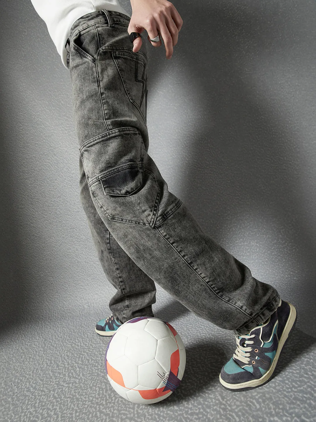 Men Premium Cototn Stretch Loose Fit Black Stylised Pocket Denim Cargo