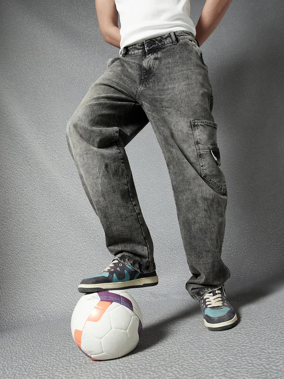 Men Premium Cototn Stretch Loose Fit Black Stylised Pocket Denim Cargo
