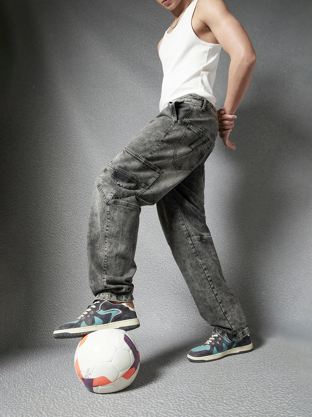 Men Premium Cototn Stretch Loose Fit Black Stylised Pocket Denim Cargo