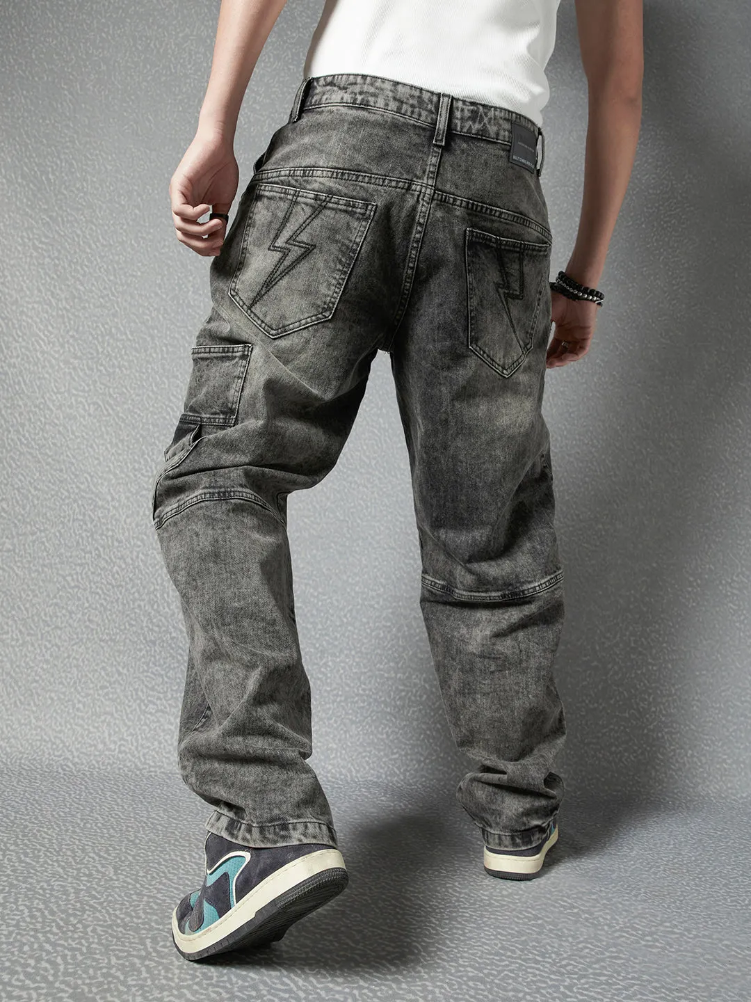 Men Premium Cototn Stretch Loose Fit Black Stylised Pocket Denim Cargo