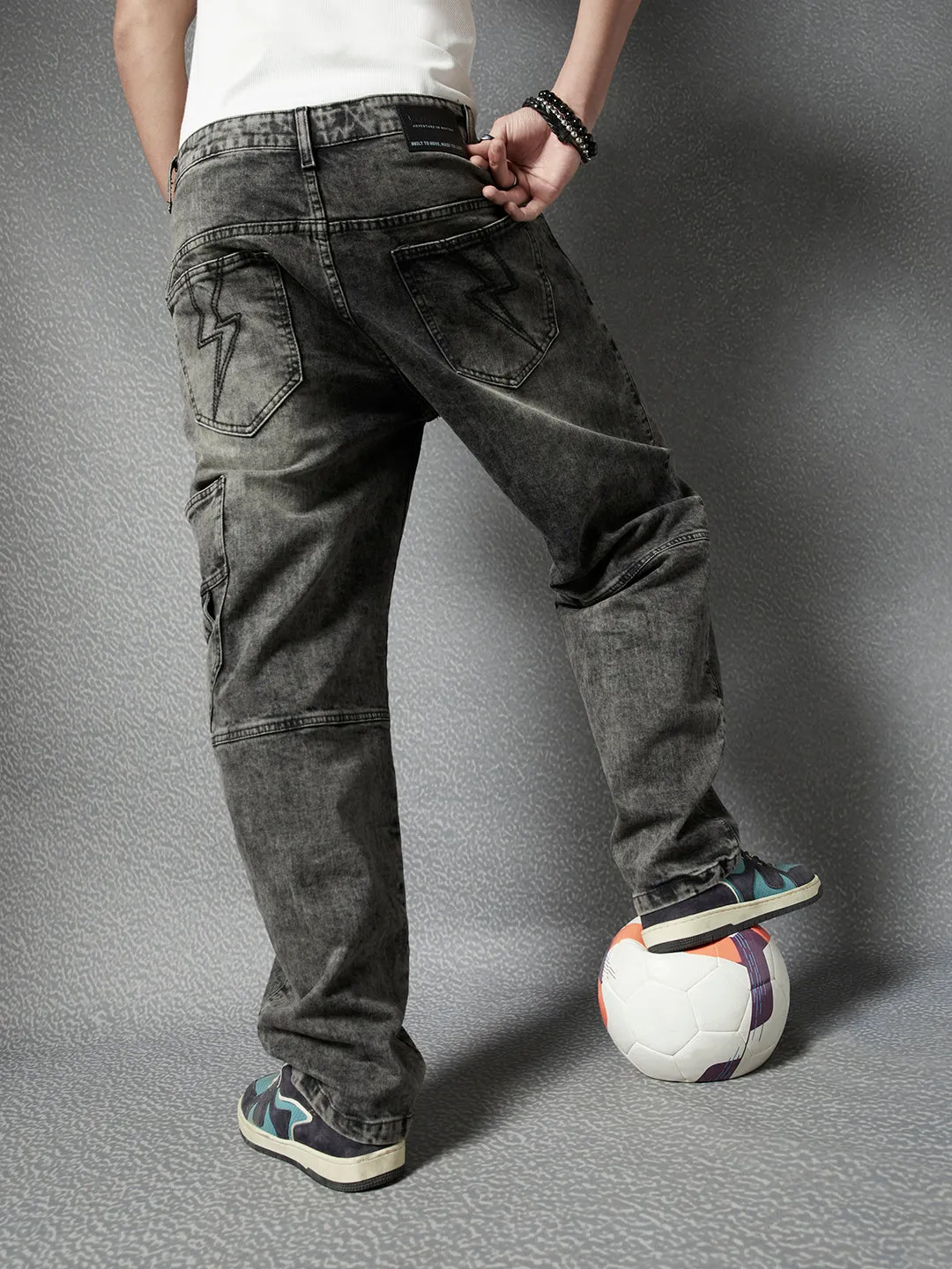 Men Premium Cototn Stretch Loose Fit Black Stylised Pocket Denim Cargo