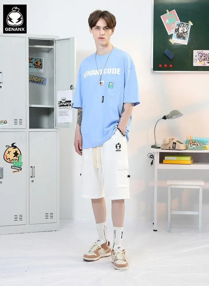 Minimalist Cartoon Sticker Letter Print Fake Pocket T-Shirt