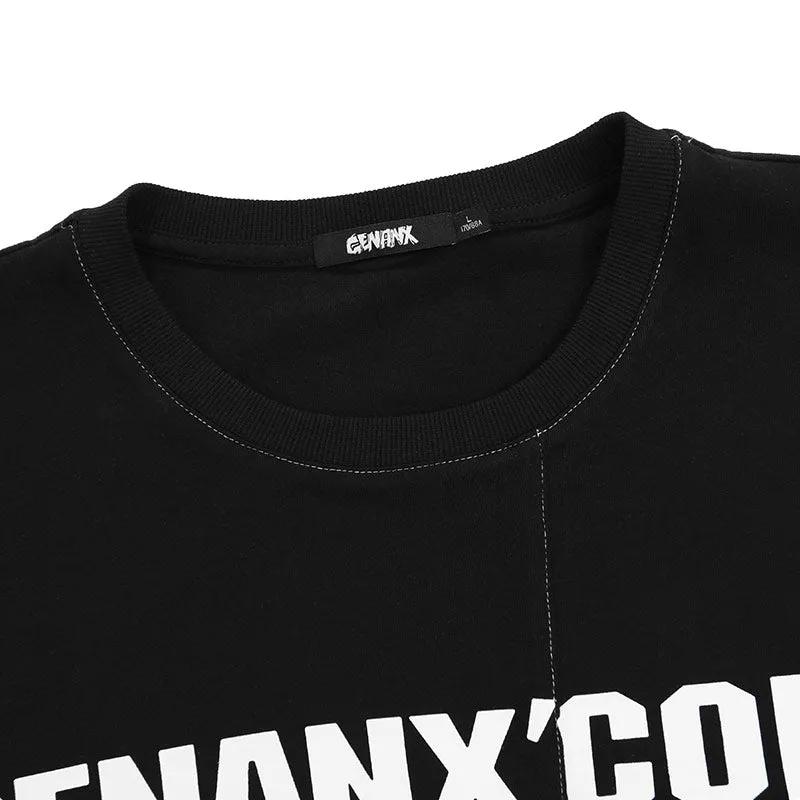 Minimalist Cartoon Sticker Letter Print Fake Pocket T-Shirt