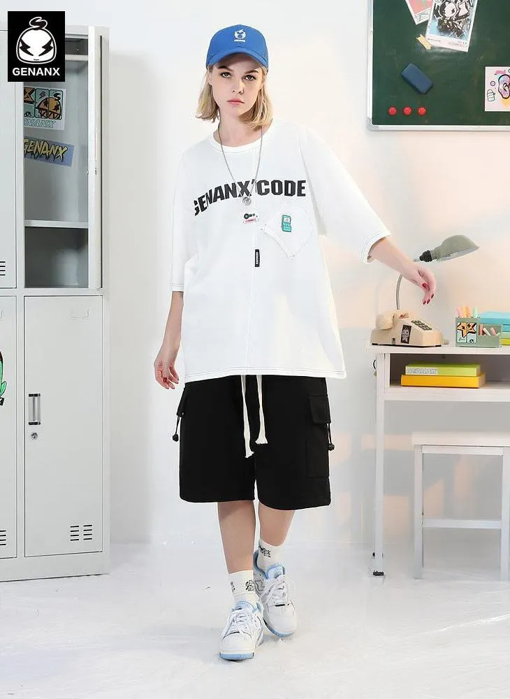 Minimalist Cartoon Sticker Letter Print Fake Pocket T-Shirt