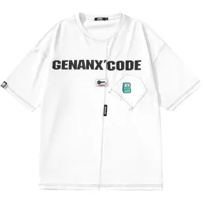 Minimalist Cartoon Sticker Letter Print Fake Pocket T-Shirt