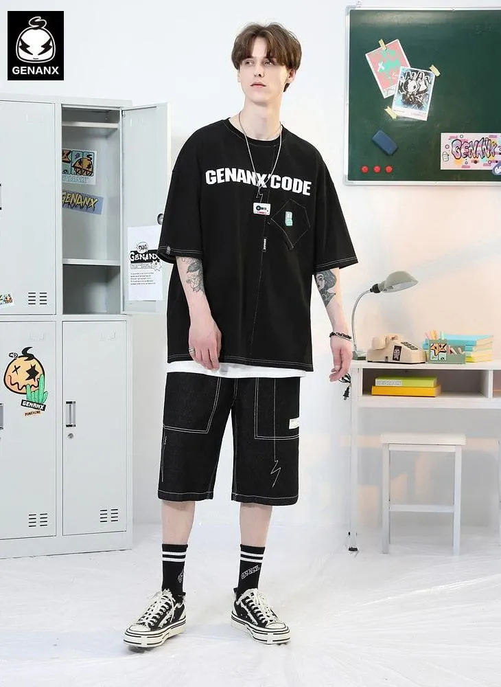 Minimalist Cartoon Sticker Letter Print Fake Pocket T-Shirt