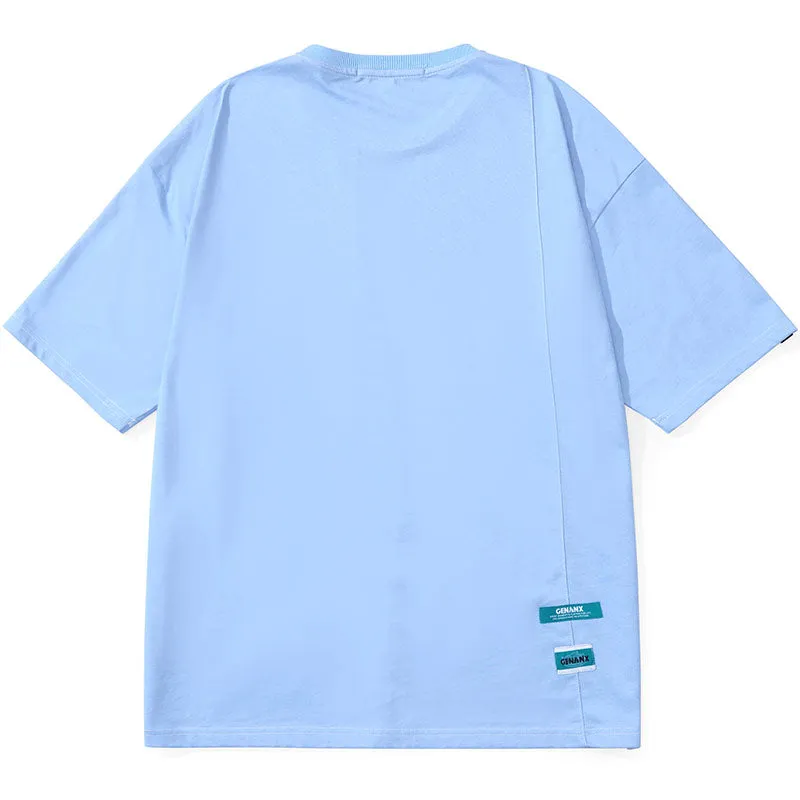 Minimalist Cartoon Sticker Letter Print Fake Pocket T-Shirt