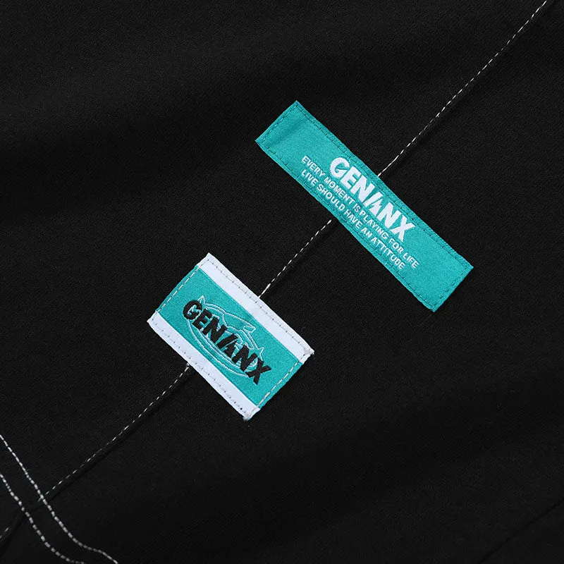Minimalist Cartoon Sticker Letter Print Fake Pocket T-Shirt
