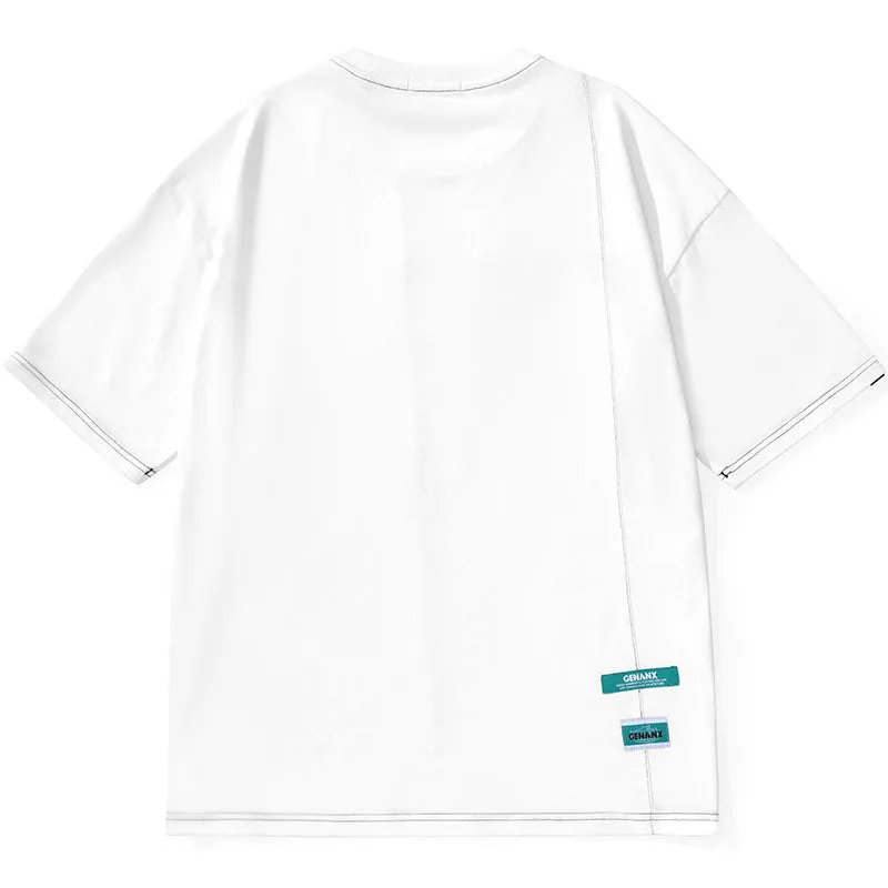 Minimalist Cartoon Sticker Letter Print Fake Pocket T-Shirt
