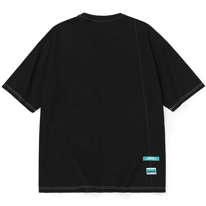 Minimalist Cartoon Sticker Letter Print Fake Pocket T-Shirt