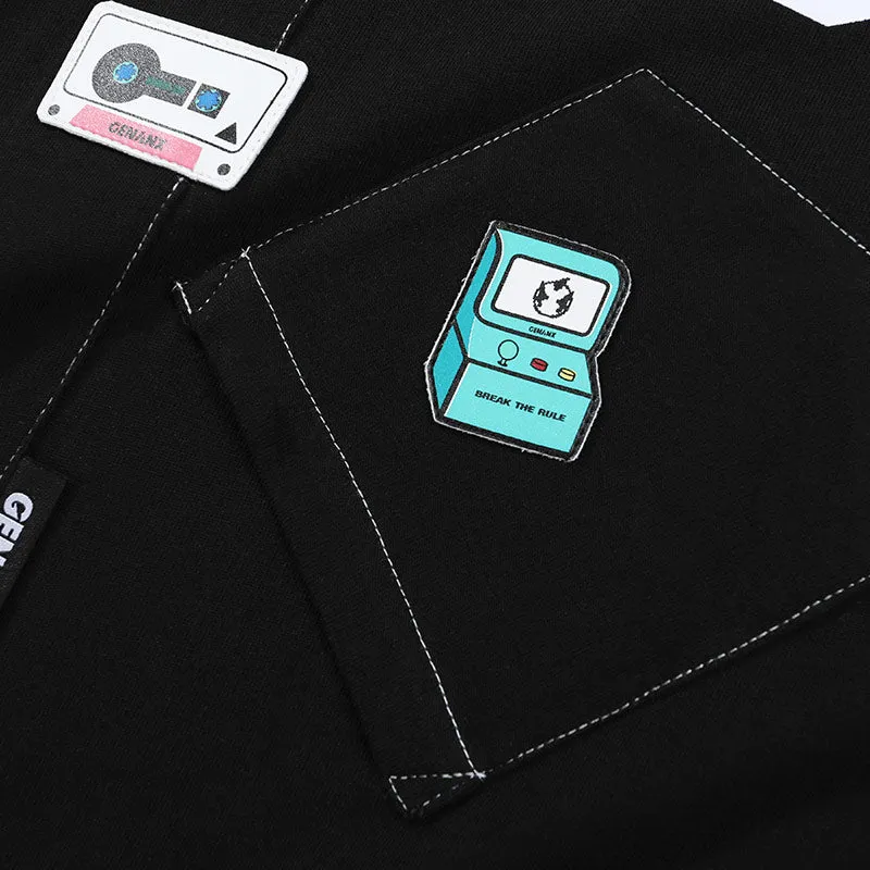 Minimalist Cartoon Sticker Letter Print Fake Pocket T-Shirt