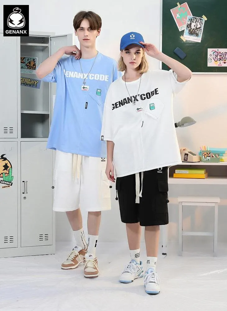 Minimalist Cartoon Sticker Letter Print Fake Pocket T-Shirt