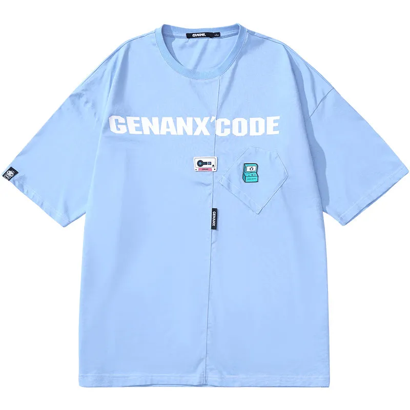 Minimalist Cartoon Sticker Letter Print Fake Pocket T-Shirt