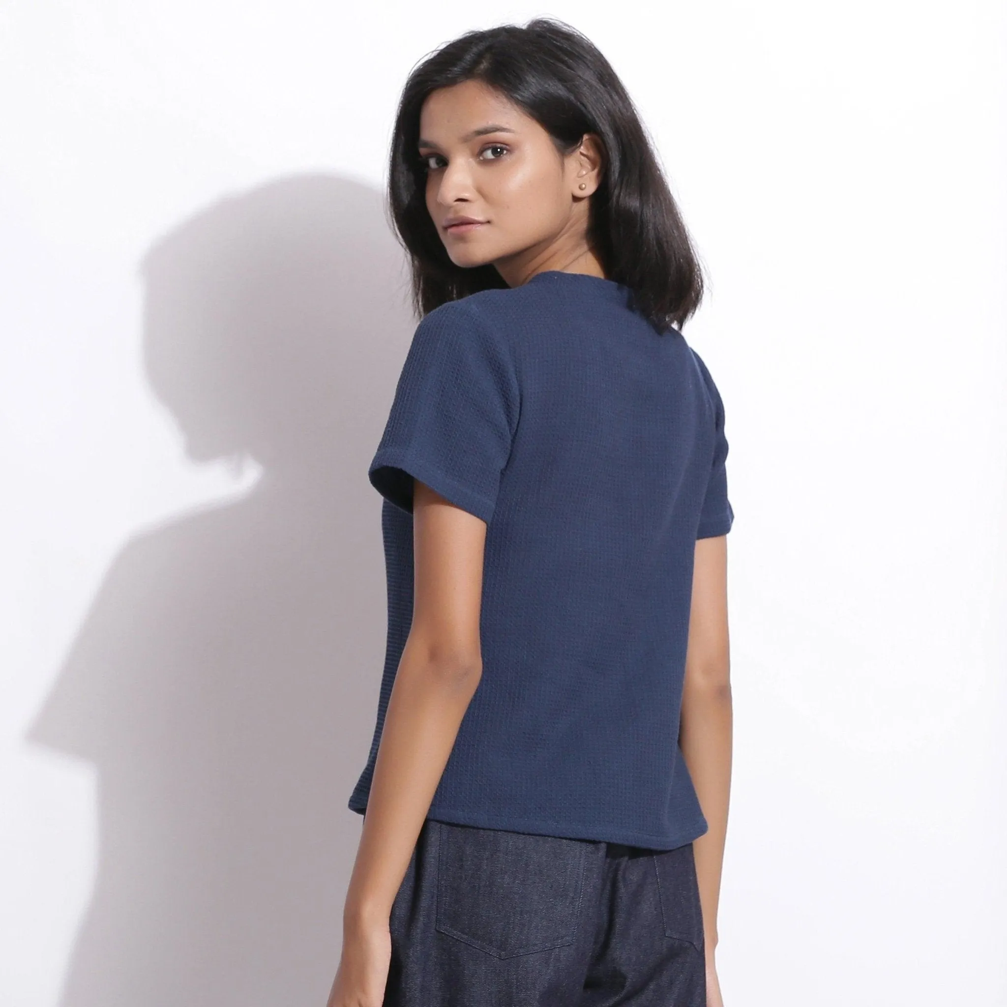 Navy Blue Warm Cotton Honeycomb Waffle T-Shirt