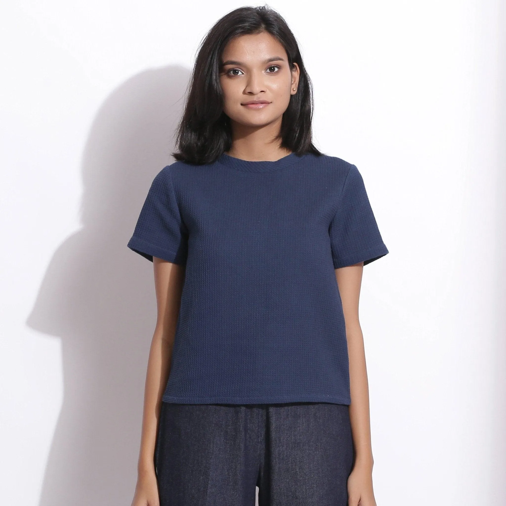 Navy Blue Warm Cotton Honeycomb Waffle T-Shirt