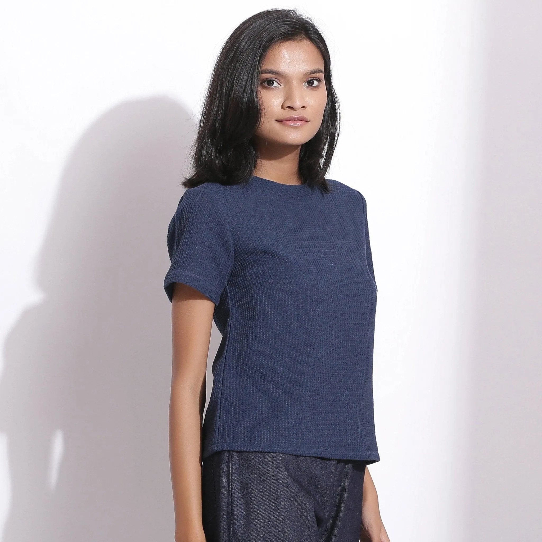 Navy Blue Warm Cotton Honeycomb Waffle T-Shirt