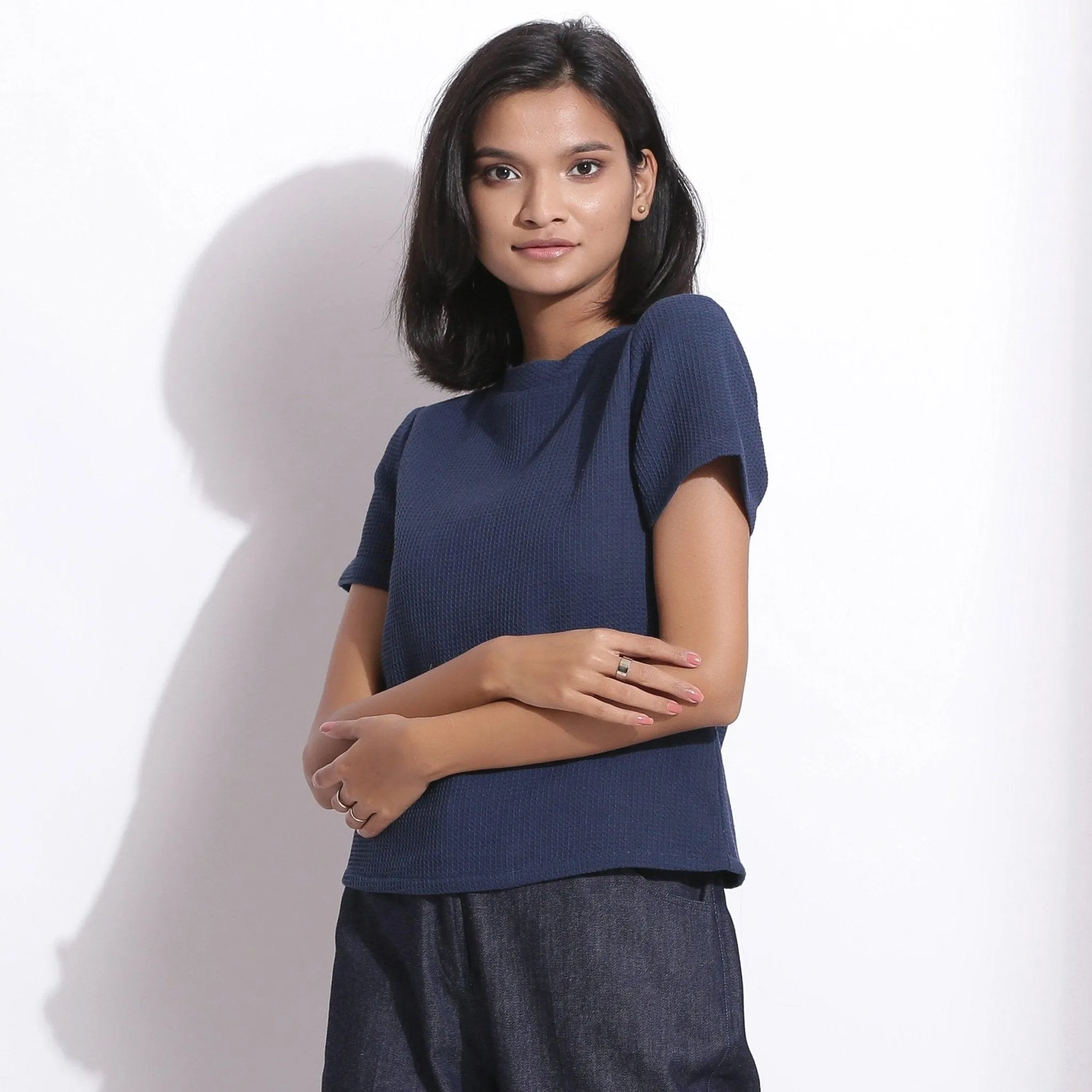 Navy Blue Warm Cotton Honeycomb Waffle T-Shirt