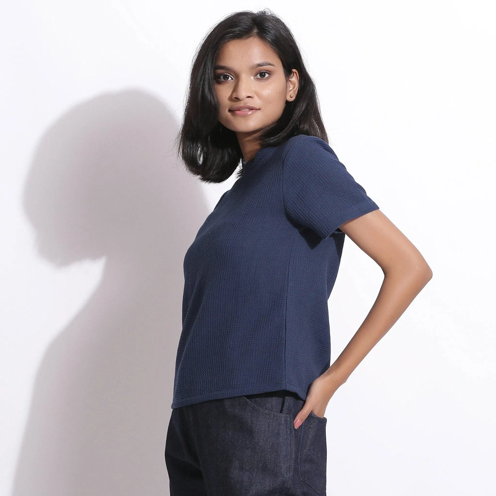 Navy Blue Warm Cotton Honeycomb Waffle T-Shirt