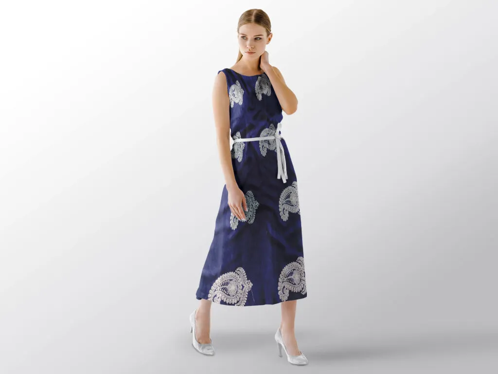 Navy Blue White Paisleys Lakhnawi Embroidered Rayon Fabric
