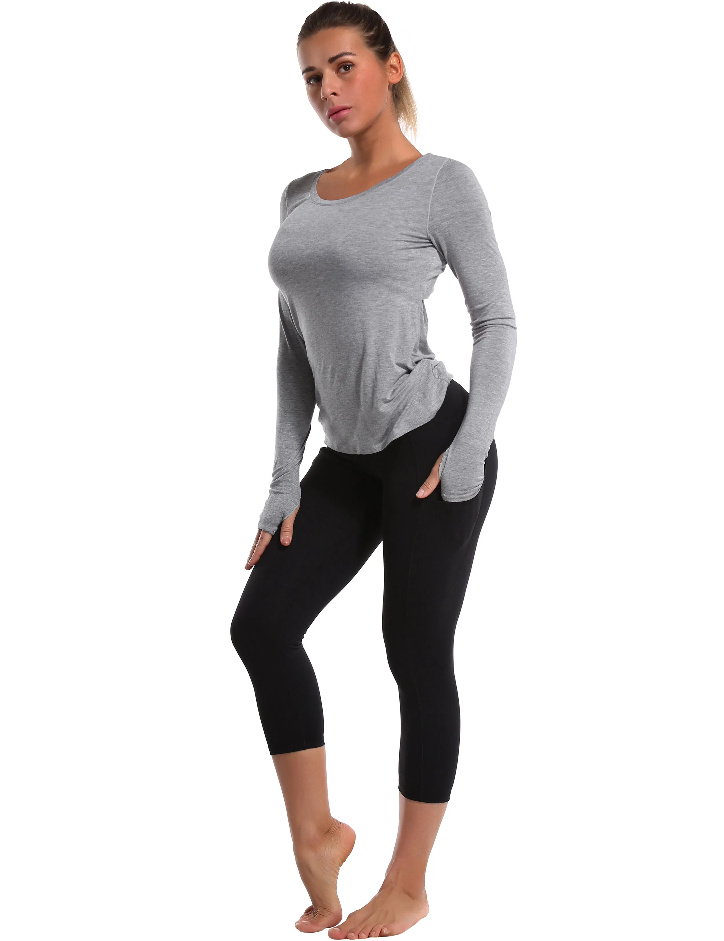 Open Back Long Sleeve Tops heathergray