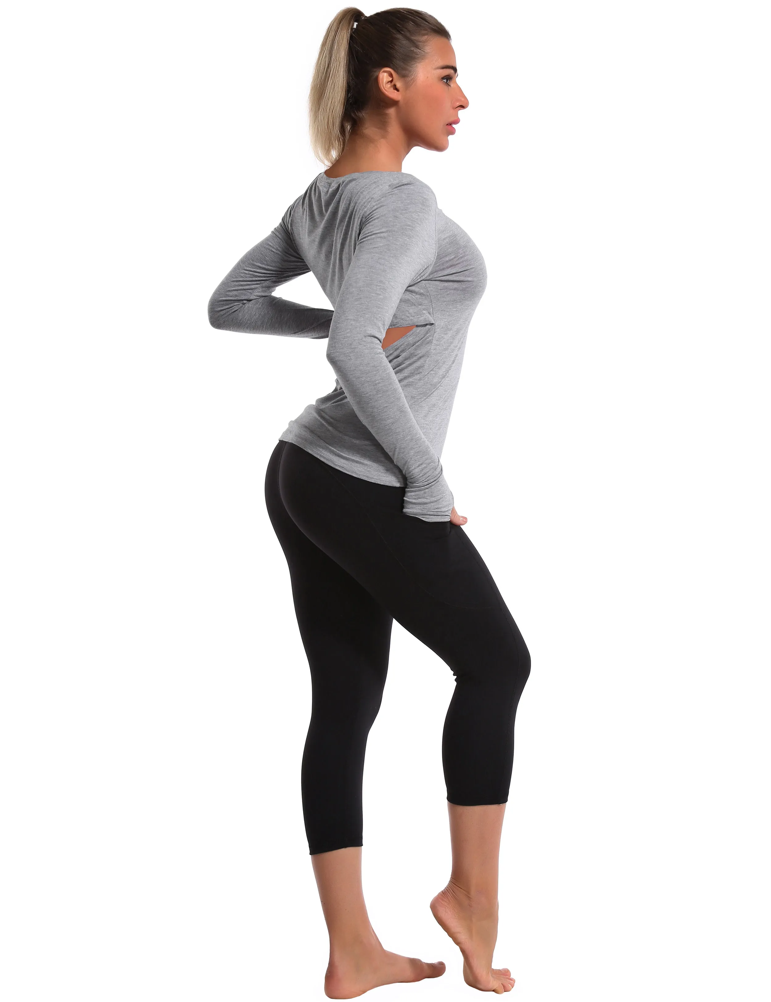 Open Back Long Sleeve Tops heathergray