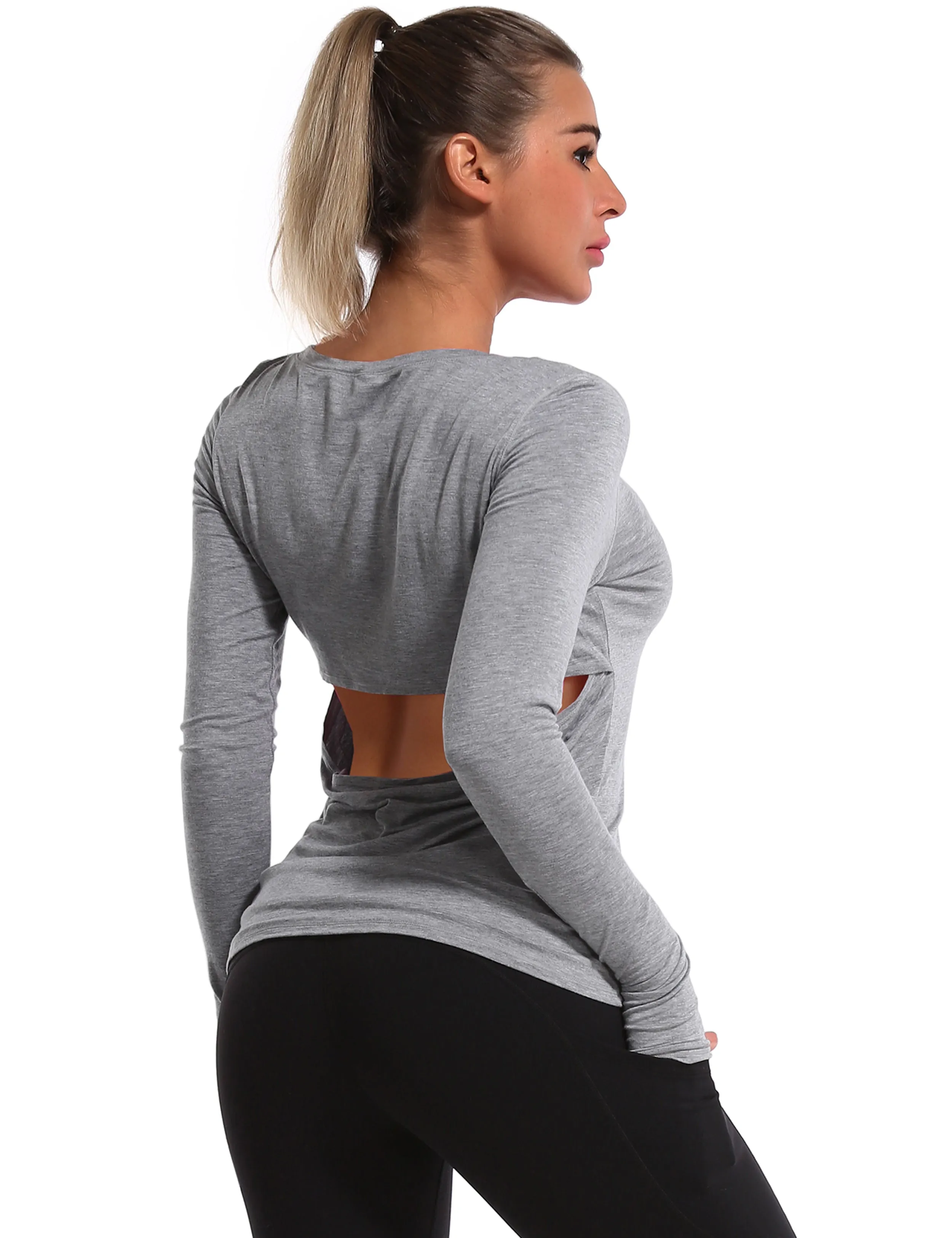 Open Back Long Sleeve Tops heathergray