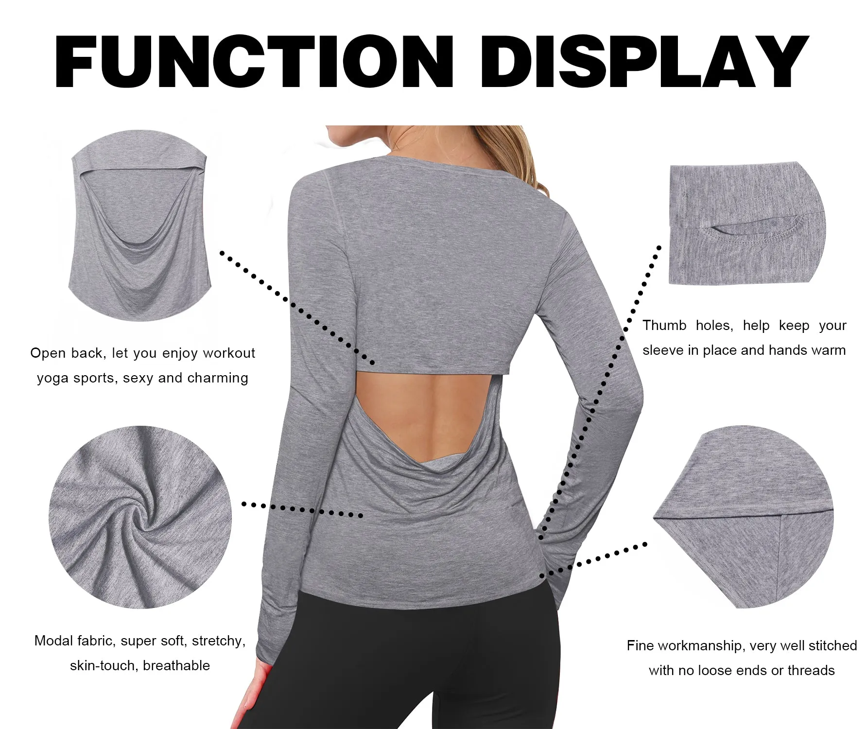 Open Back Long Sleeve Tops heathergray