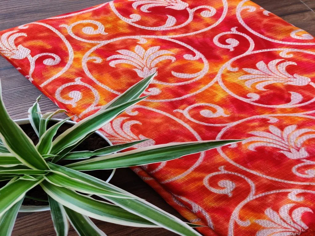Orange Yellow Floral Golden Foil Polyester Kota Doria Fabric