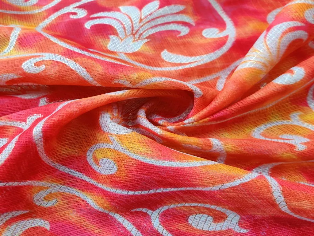 Orange Yellow Floral Golden Foil Polyester Kota Doria Fabric