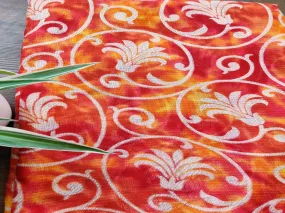 Orange Yellow Floral Golden Foil Polyester Kota Doria Fabric