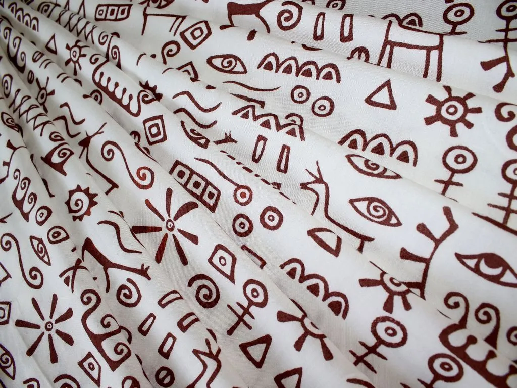 Precut White Brown Abstract Objects Printed Rayon Fabric