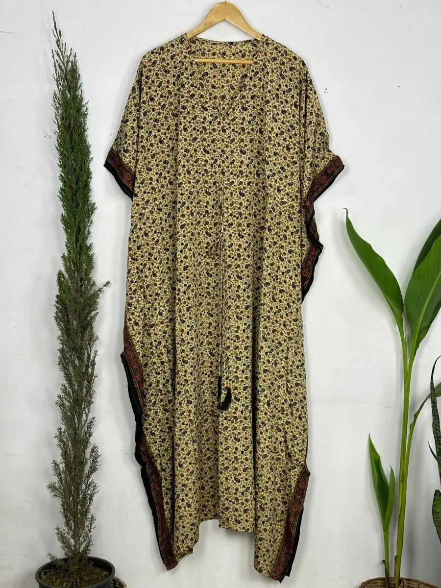 Recycled Silk Vintage Sari Kaftan Boho Dress Flowy Long Length Blossom Artistic Women Beach Coverup | Black Beige Floral Motifs