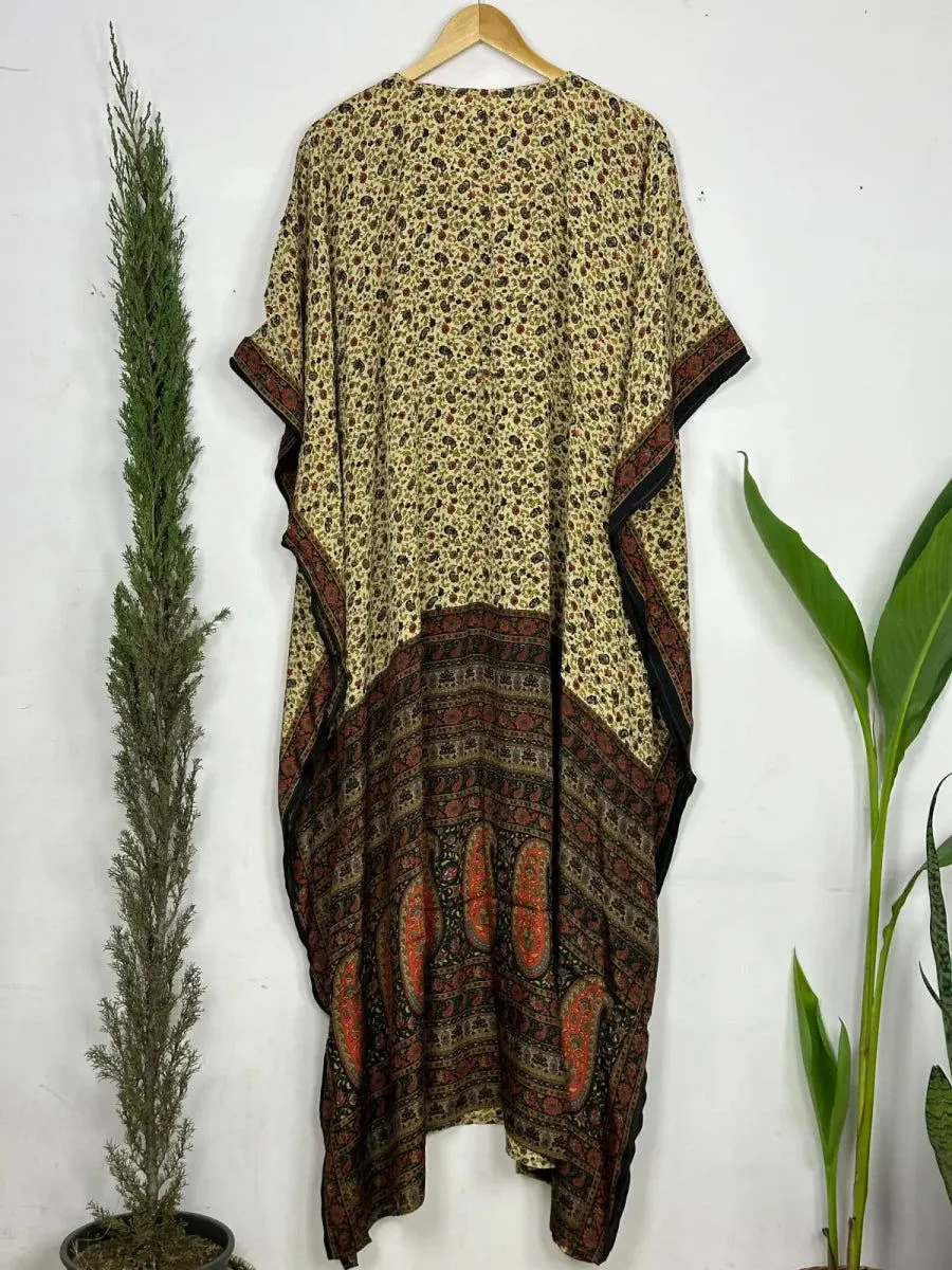 Recycled Silk Vintage Sari Kaftan Boho Dress Flowy Long Length Blossom Artistic Women Beach Coverup | Black Beige Floral Motifs