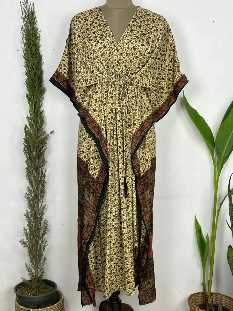 Recycled Silk Vintage Sari Kaftan Boho Dress Flowy Long Length Blossom Artistic Women Beach Coverup | Black Beige Floral Motifs