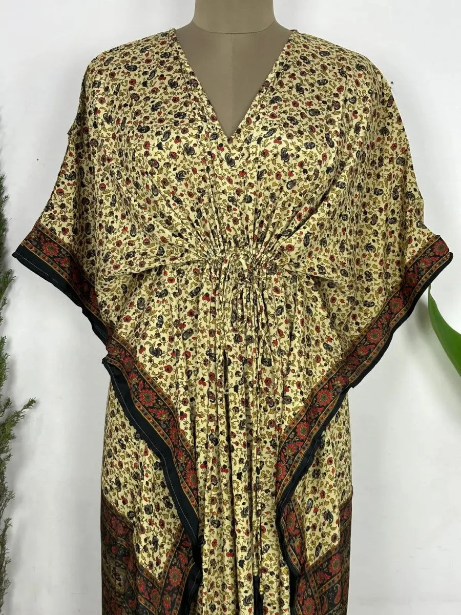 Recycled Silk Vintage Sari Kaftan Boho Dress Flowy Long Length Blossom Artistic Women Beach Coverup | Black Beige Floral Motifs