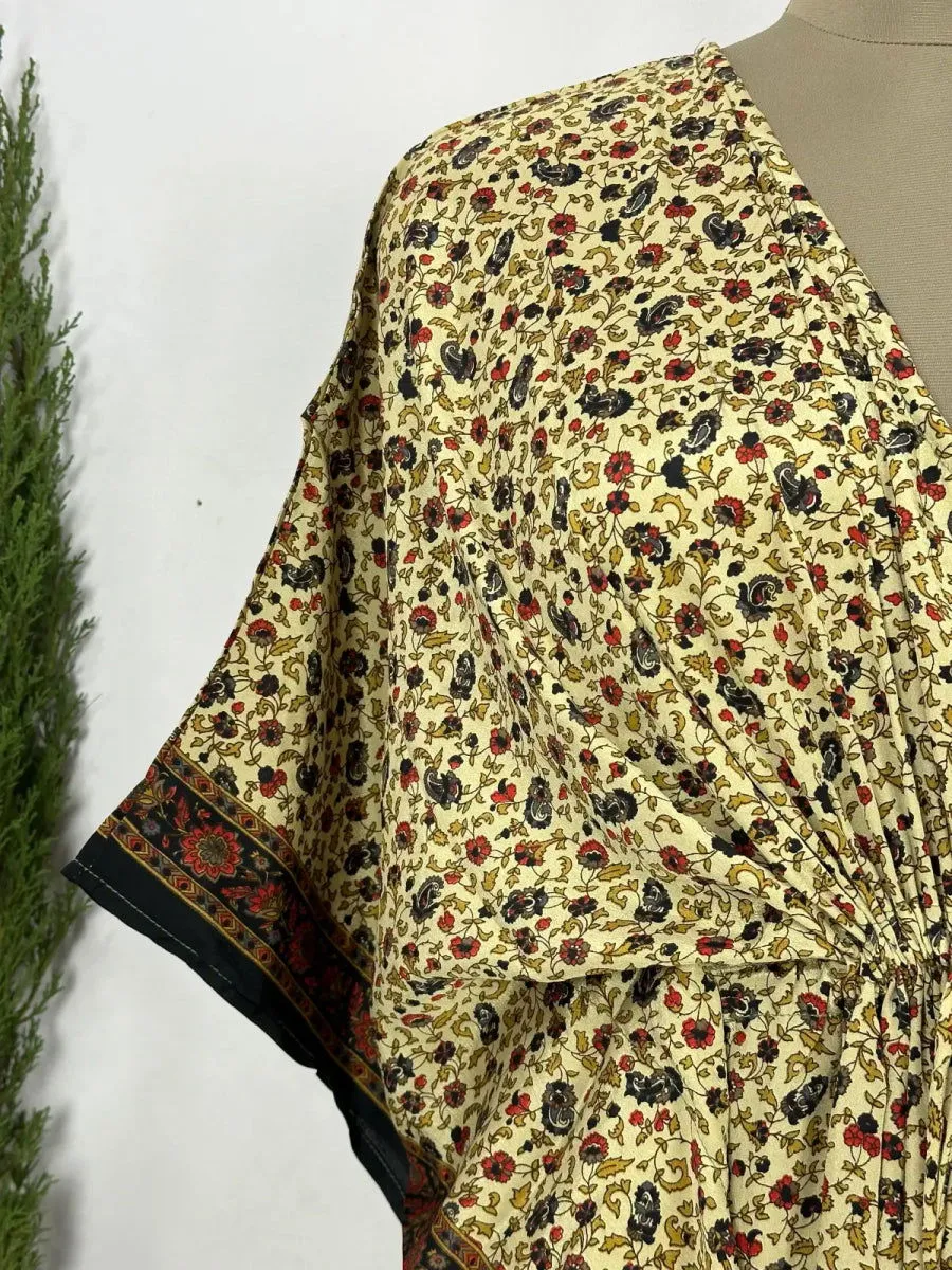 Recycled Silk Vintage Sari Kaftan Boho Dress Flowy Long Length Blossom Artistic Women Beach Coverup | Black Beige Floral Motifs